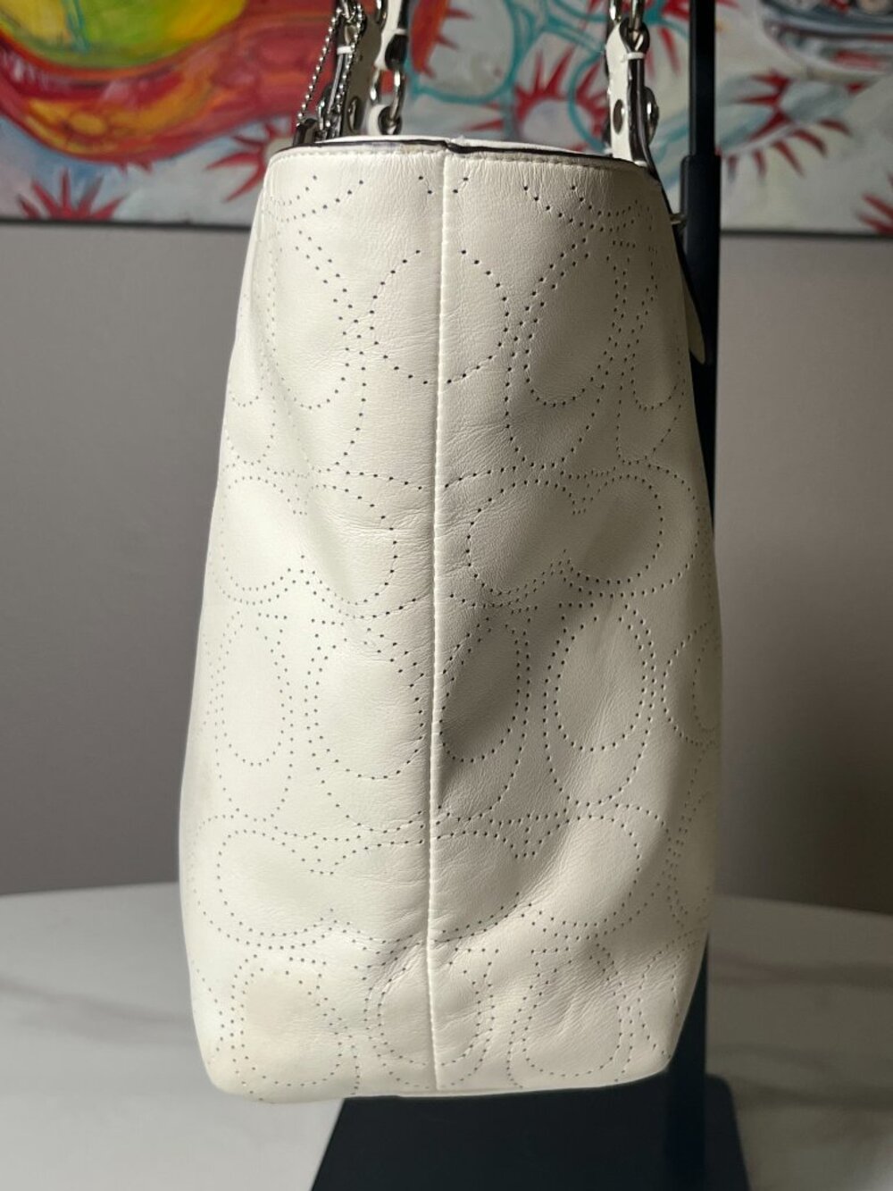 Coach Ivory Leather Op Art Perforated Tote Bag F16598 - Picture 5 of 15